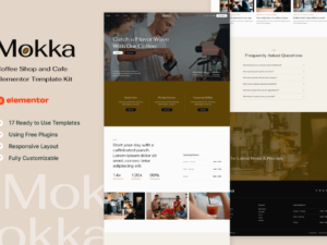 Mokka – Coffee Shop & Cafe Elementor Template Kit is created especially for coffee shop & cafe website, cafe, coffee house, coffee shop, barista, coffee production company, etc. Mokka has a simple, modern and clean design with 100% responsive layout, and very easy to customize and can be used by anyone without having to understand coding. This template kit includes stunning carefully crafted 12 Pages and 17 Stunning Templates, you can build your professional-looking website just a click away. Features Using Free Elementor (Elementor Pro is not required) Unique & Clean Design 12 Ready to Use Pages 17 Ready to Use Templates Fully Responsive Layout Fully Customizable Cross Browser Compatibility: Chrome, Firefox, Safari, Opera Templates Include Global Theme Style Home About Menu Reservation Testimonial FAQs Team Pricing Blog Single Post Contact 404 Page Header Footer Form Contact Form Newsletter Form Reservation Required Plugin Elementor ElementsKit Lite MetForm Gum Elementor Addon