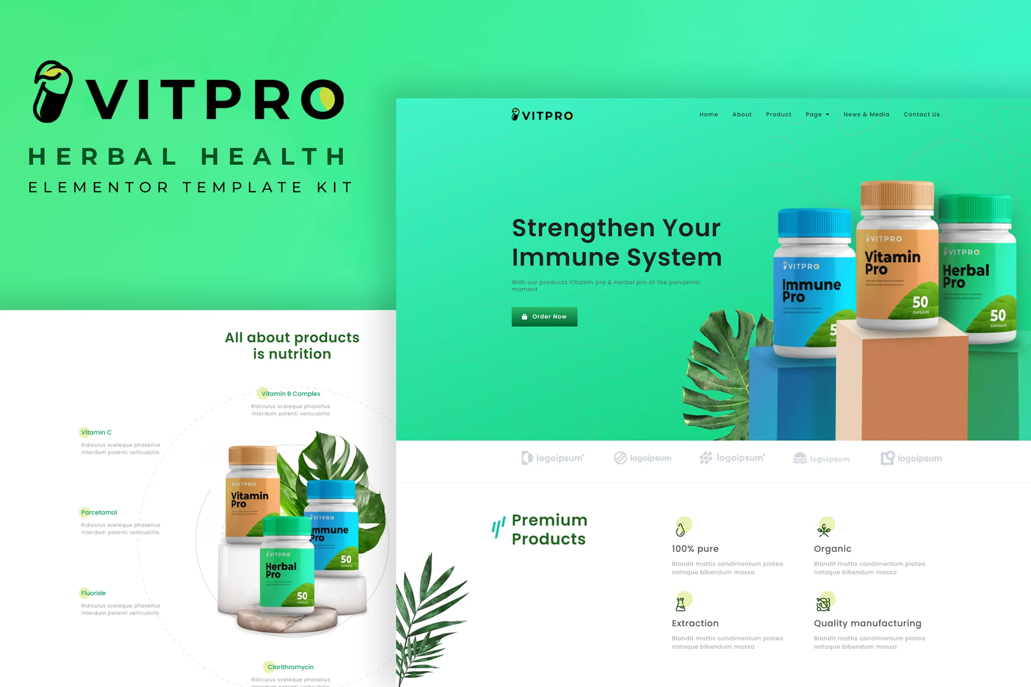 Vitpro - Herbal Health Elementor Template kit 1 Vitprois an Elementor Template Kit for quickly and easily creating websites for your business using the Elementor Page Builder plugin for WordPress. This kit has been optimized for use with the free Hello Elementor theme but may be used with most themes that support Elementor. With the help of this elementor template kit you can create a website for any health or wellness brand. All Features