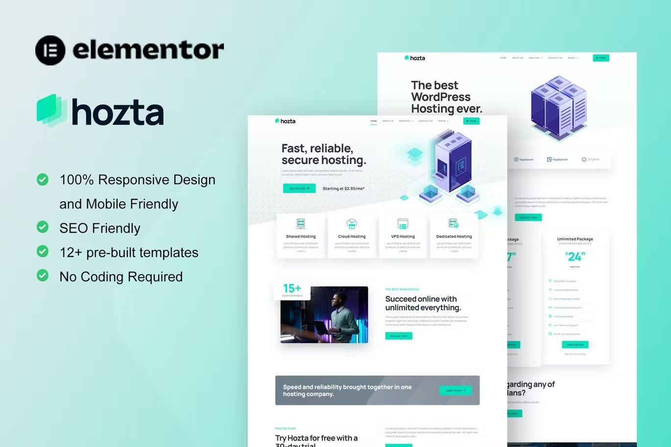 Hozta - Web Hosting Service Elementor Template Kit 1 Hozta - Web Hosting Service Elementor Template Kit - Hozta is Elementor Template Kit for web hosting business & services. This template has cool layout with modern style design, and professional look. Suitable for any business related to web hosting and service. You can easily start & build professional hosting website. Just drag and drop, no coding required.