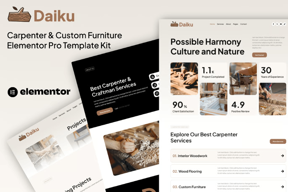 Daiku - Carpenter & Custom Furniture Elementor Pro Template Kit Elementor Template Kit 1 Daiku - Carpenter & Custom Furniture Elementor Pro Template Kit Elementor Template Kit Cover
