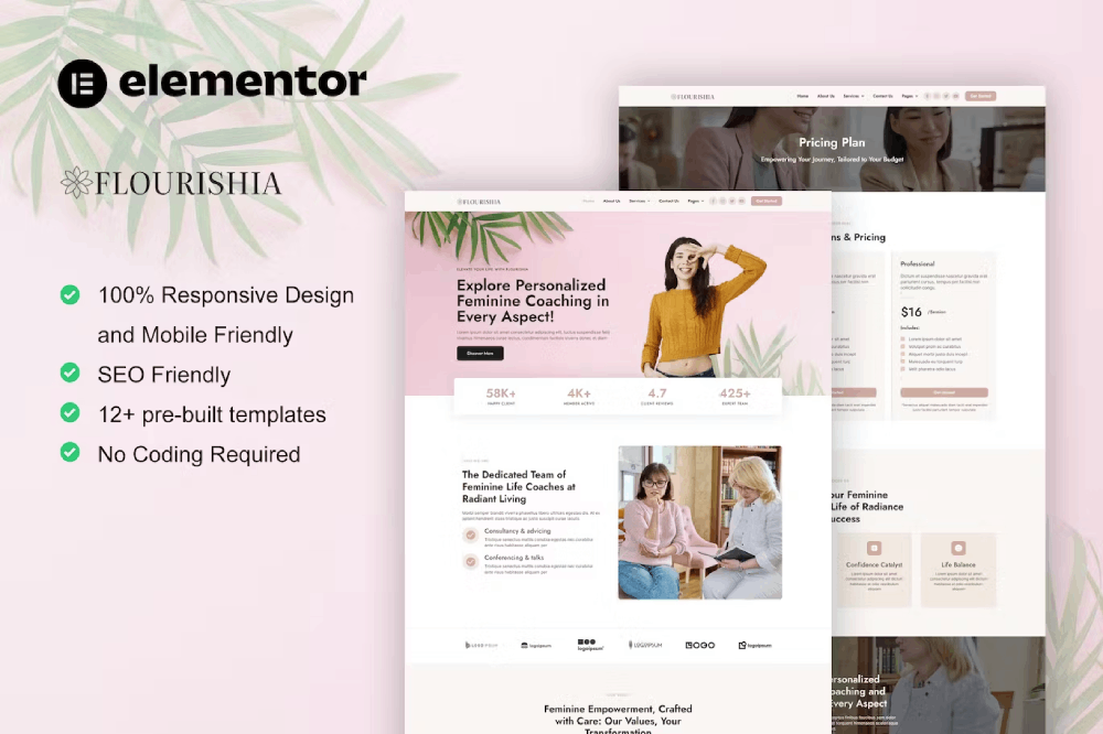 Flourishia - Template kit for Feminine life coach Elementor Template Kit 1 Flourishia - Template kit for Feminine life coach Elementor Template Kit, Elementor Template Kit, Flourishia Elementor Template Kit - Free Download