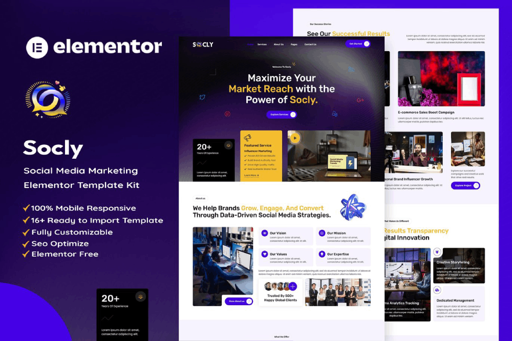 Socly - Social Media Marketing Elementor Template Kit 1 Socly - Social Media Marketing Elementor Template Kit Cover